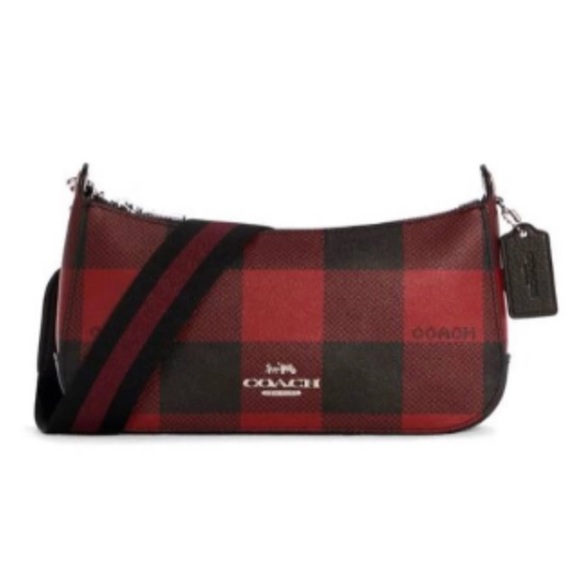 Coach Buffalo plaid Jes Baguette red and black leather crossbody bag | NEW - Picture 4 of 4